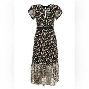 New Self-Portrait Black Sequins Embellished Short Sleeves Belted Mesh Midi Dress